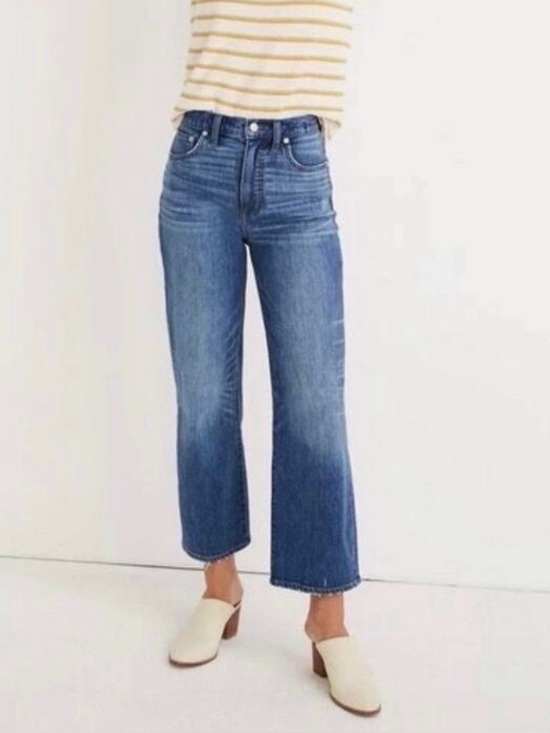 Madewell Denim - Madewell Slim Wide-Leg Crop Jeans Medium Blue Wash Frayed Hem Size 29